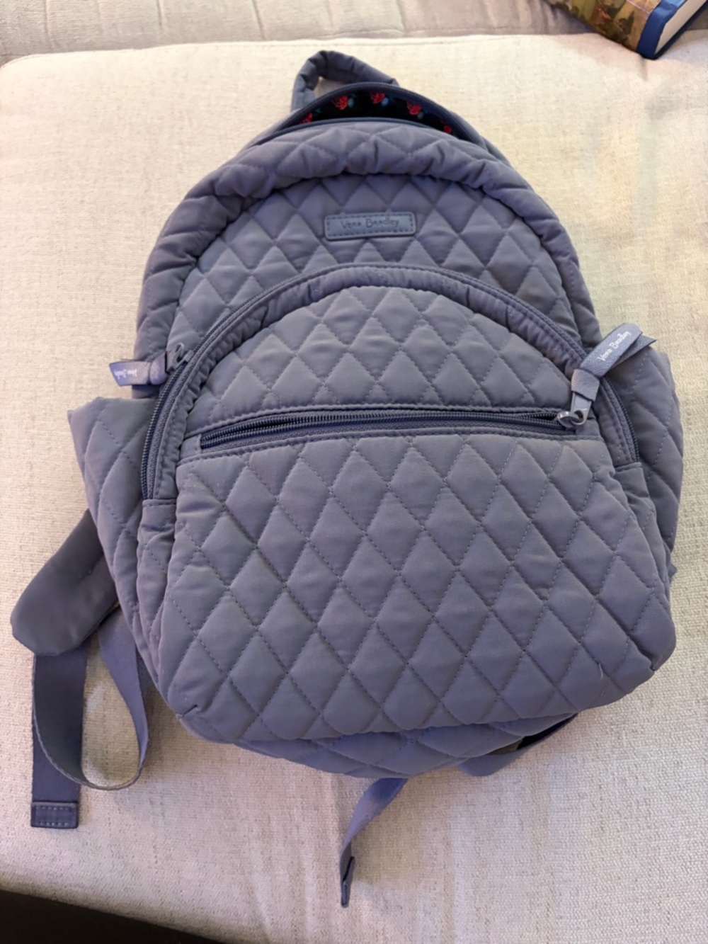 Vera Bradley Quilted Charcoal Grey Mini Backpack with Rose Patterned Lining